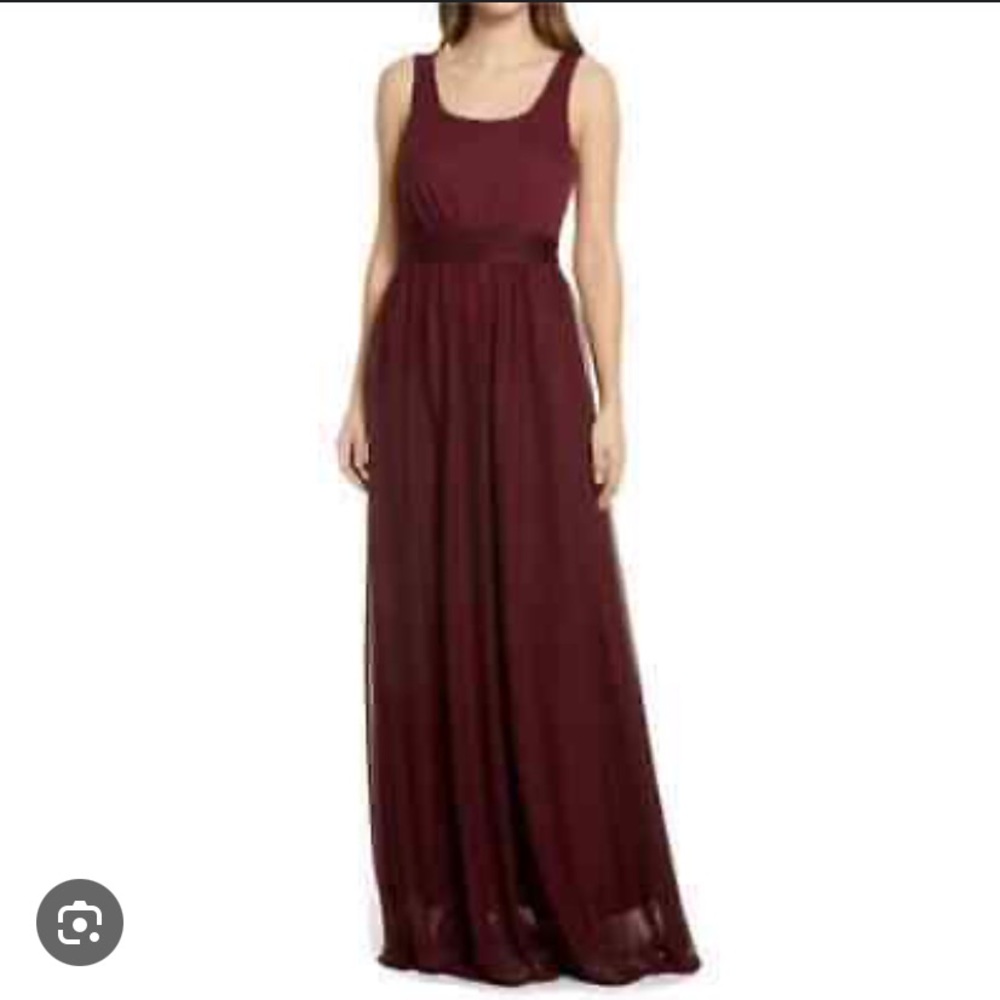 NWT Birdy Grey Red Halter Pleated Gown in Cabernet “Jan”
